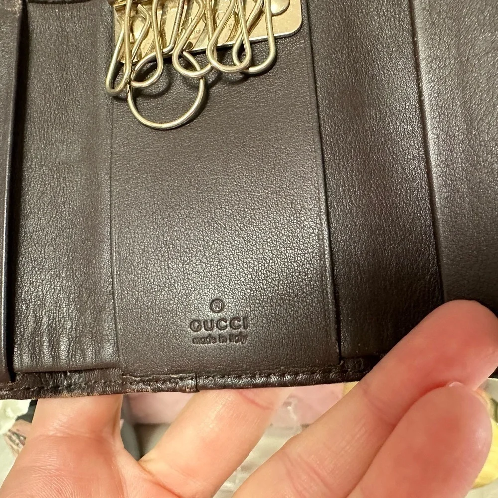 AUTHENTIC GUCCI SHIMA GG LOGO BROWN LEATHER 6 RING KEYCASE TRIFOLD WALLET - Picture 9 of 15